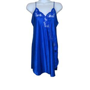 Vintage Victorias Secret Royal Blue Lace Trim Slip Nightgown Papillon Lingerie